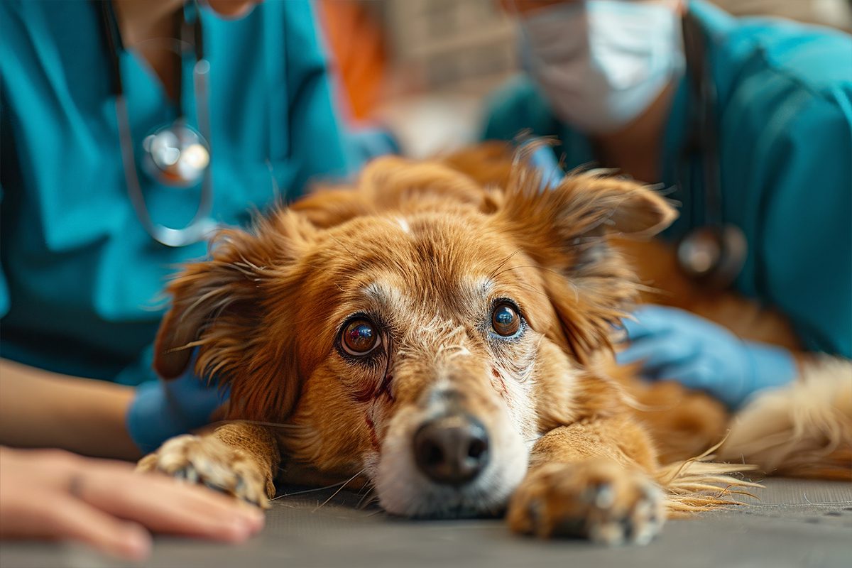 old dog with vet during emergency