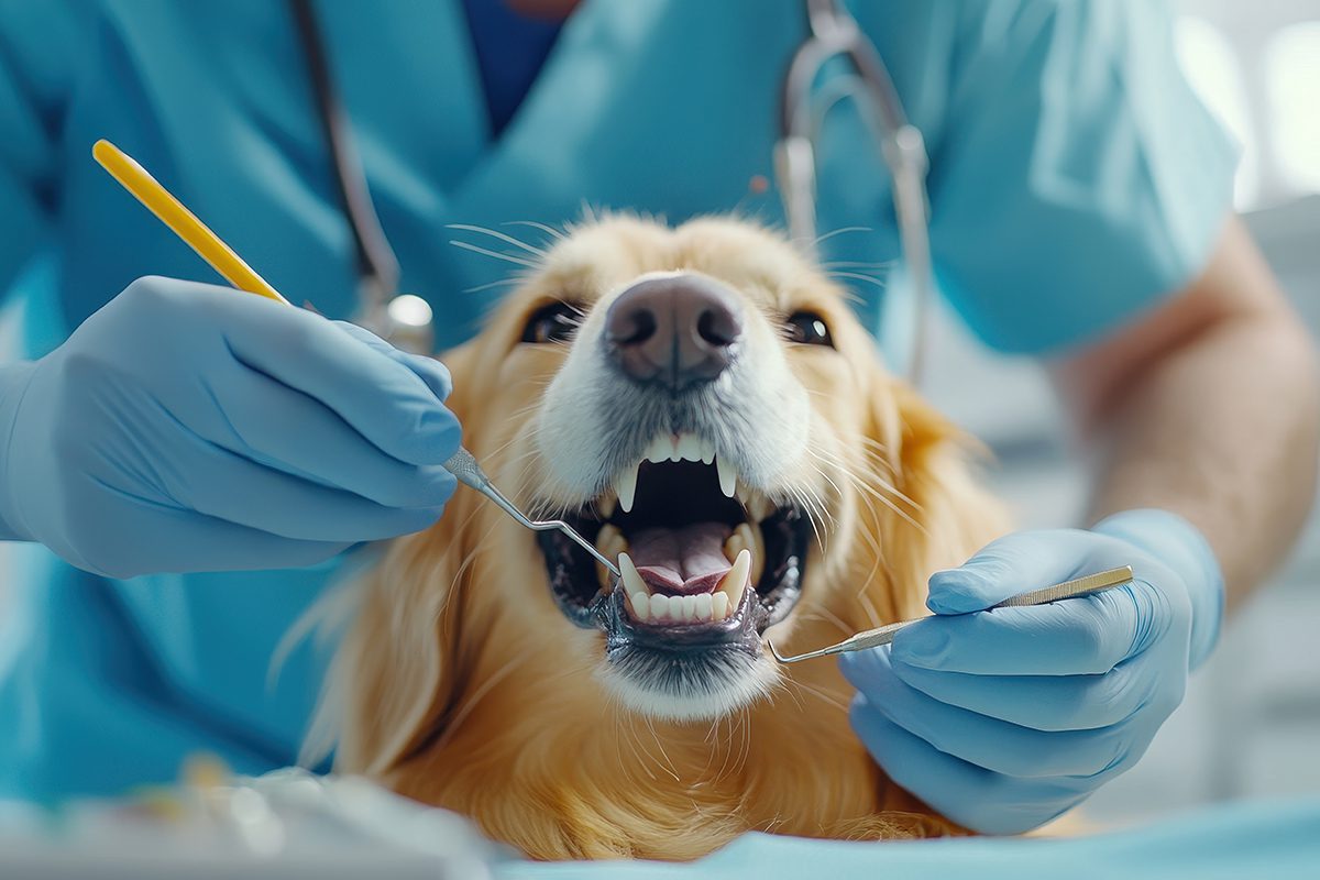 close up of golden retriever getting teeth cleaned