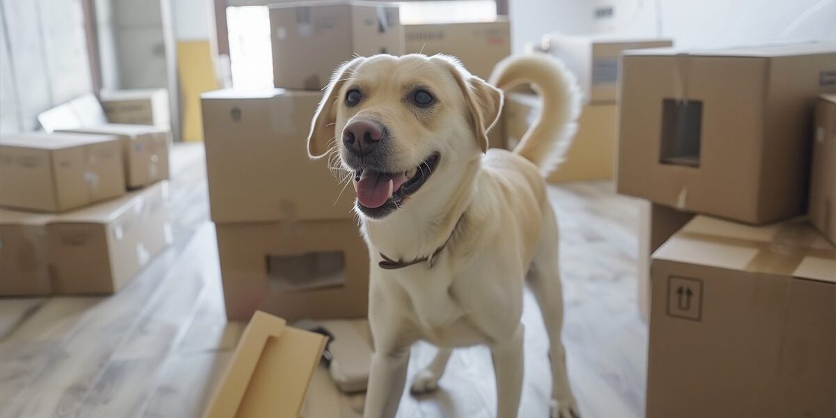 Distemper Vaccine In Dubuque Ia Dog wagging tail in room full of boxes