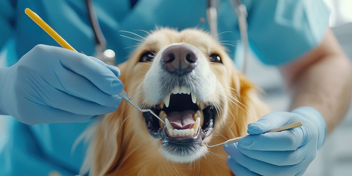 Pet Teeth Cleaning In Dubuque Ia close up of golden retriever getting teeth cleaned